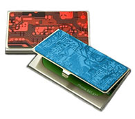 Business Card Cases made with unusable circuit board covers.'