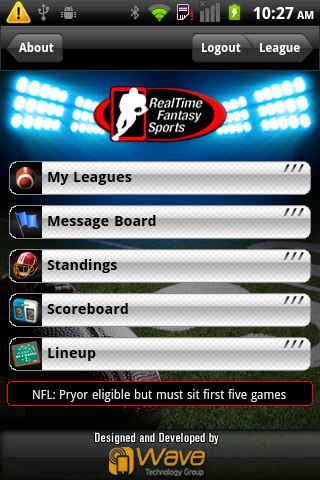RealTime Fantasy Football Home Screen