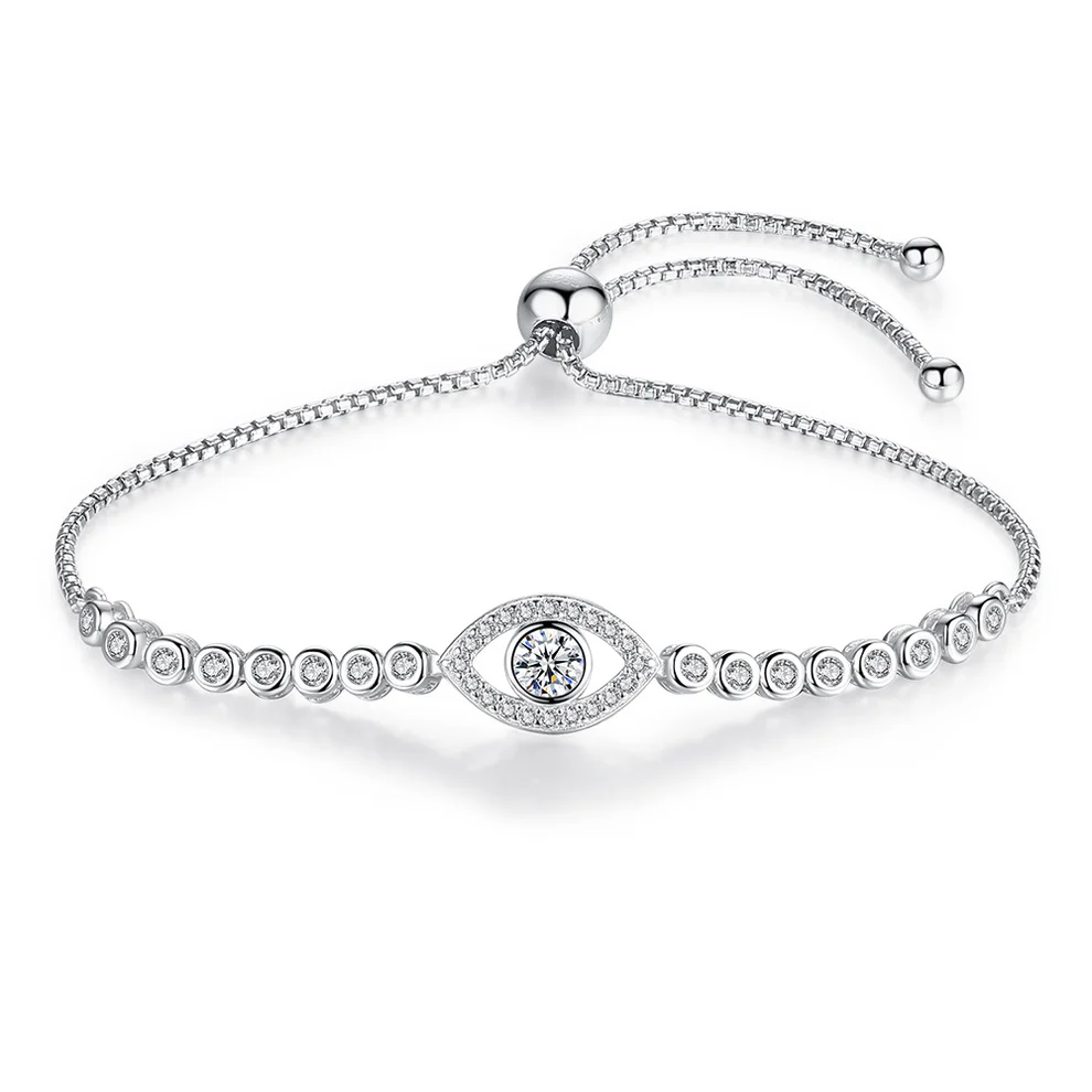 925 Silver Moissanite Evil Eye Bracelet, Dainty Round Cut Mo'