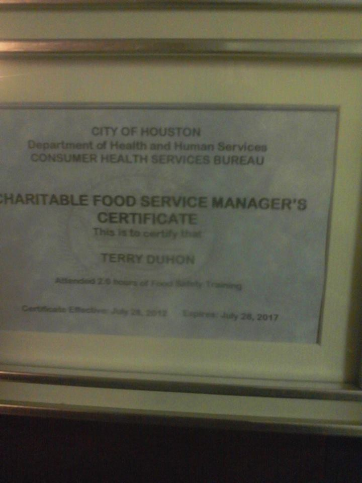 Terry Duhon Certificate'