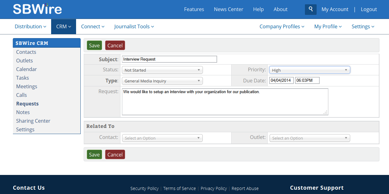 SBWire 6 - CRM Request Manager'