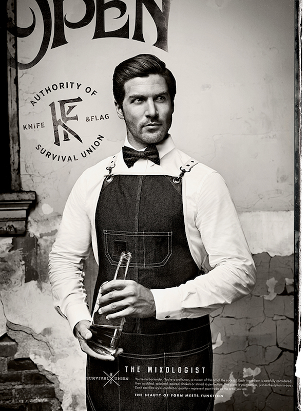 Mixologist wearing Knife &amp;amp; Flag work apron.'