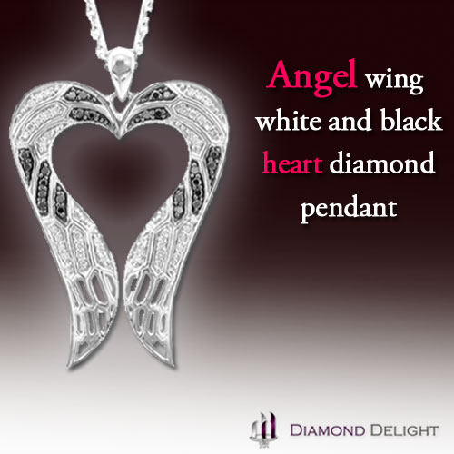 Angel wing white and black heart diamond pendant'