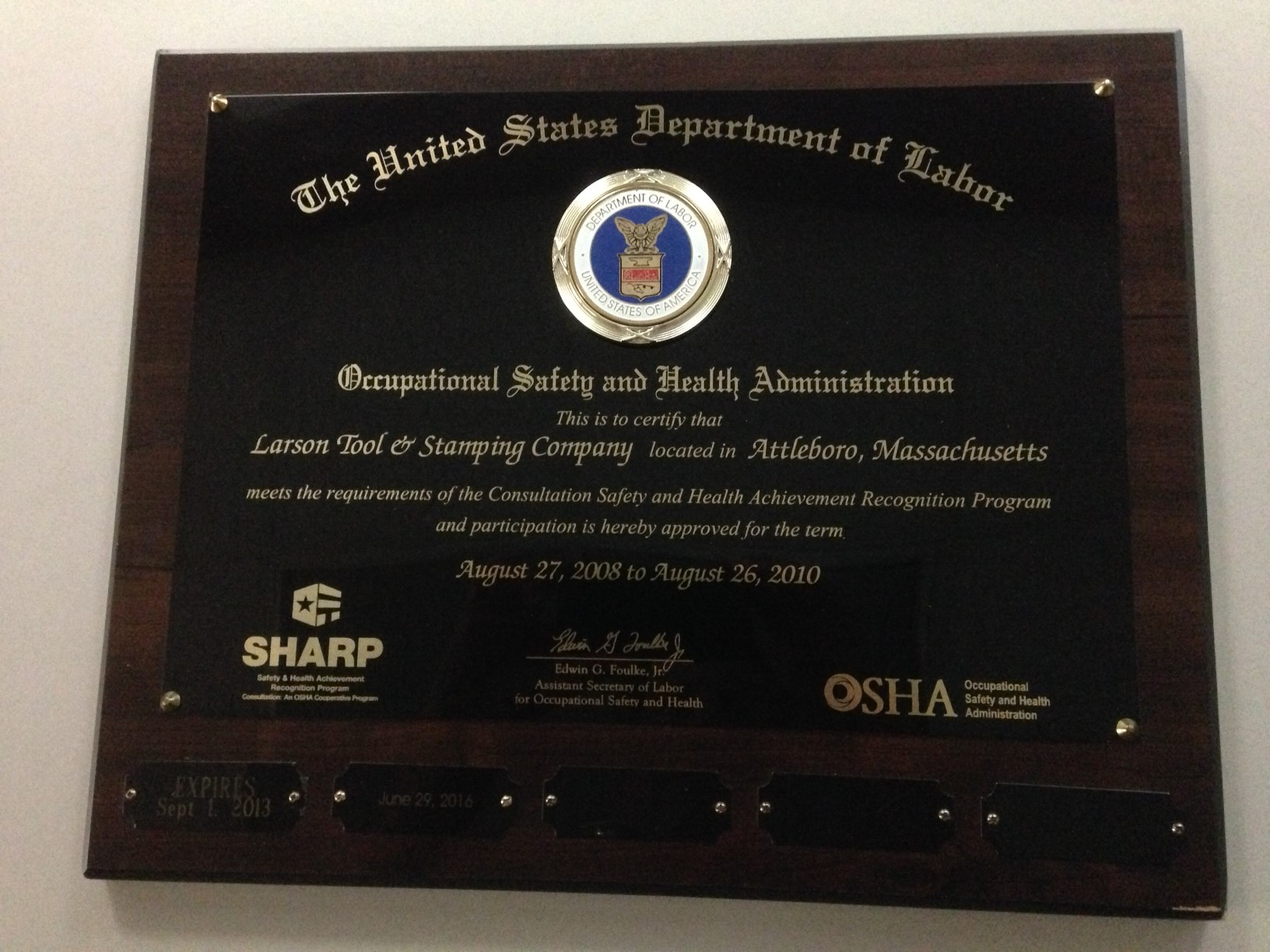 Larson Tool is SHARP Certified.'