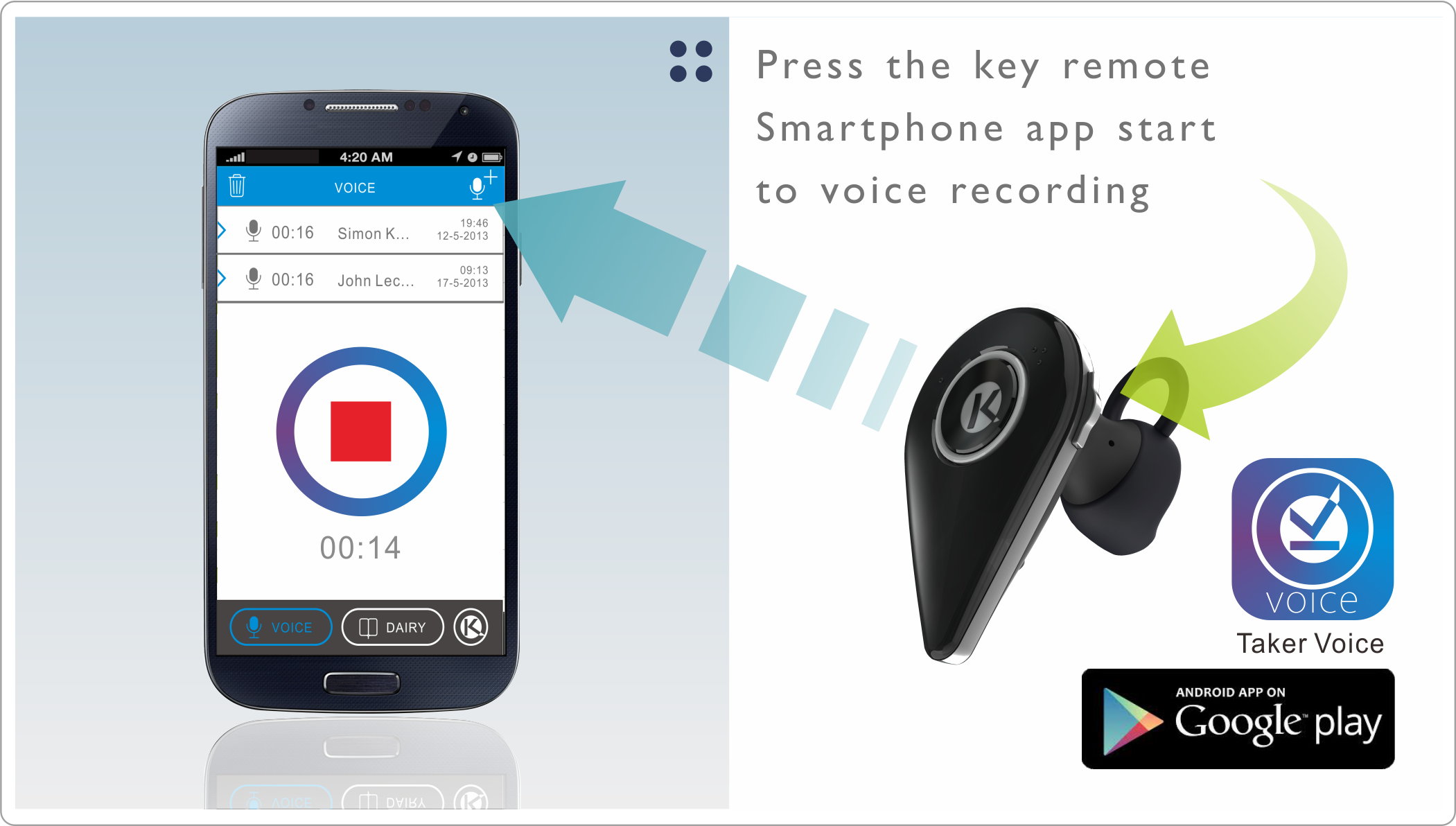 Taker-Bluetooth headset with voice recording APP