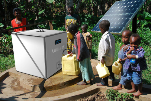 Solar powered Aquavus unit providing clean water'