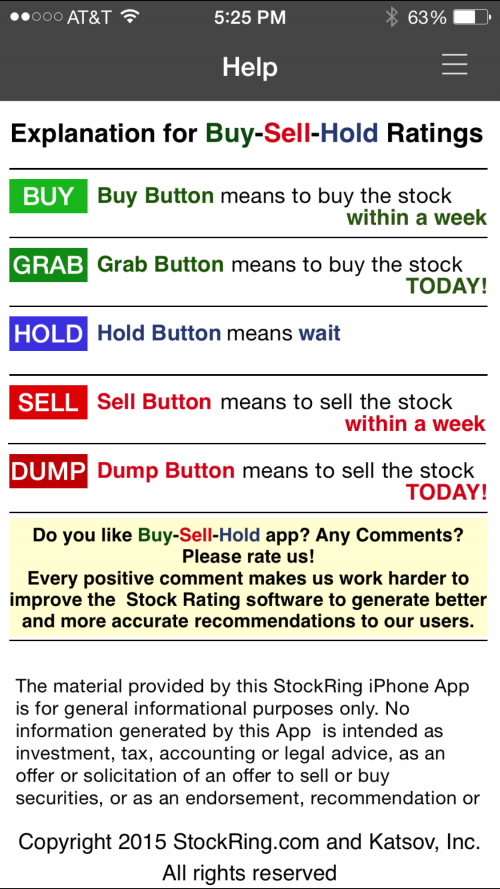 Meaning of GRAB-BUY-HOLD-SELL-DUMP ratings inside iPhone App'