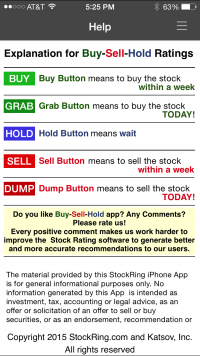 Meaning of GRAB-BUY-HOLD-SELL-DUMP ratings inside iPhone App
