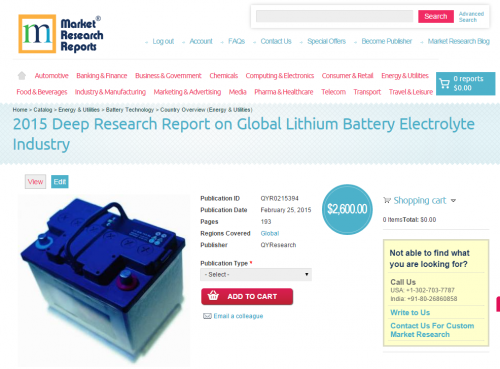 Global Lithium Battery Electrolyte Industry 2015'