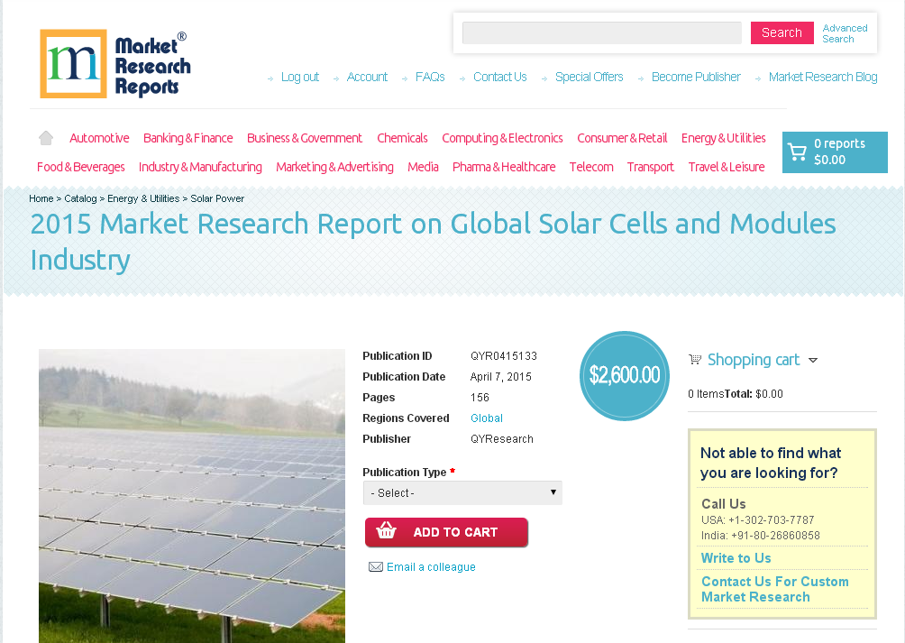 Global Solar Cells and Modules Industry Market 2015'