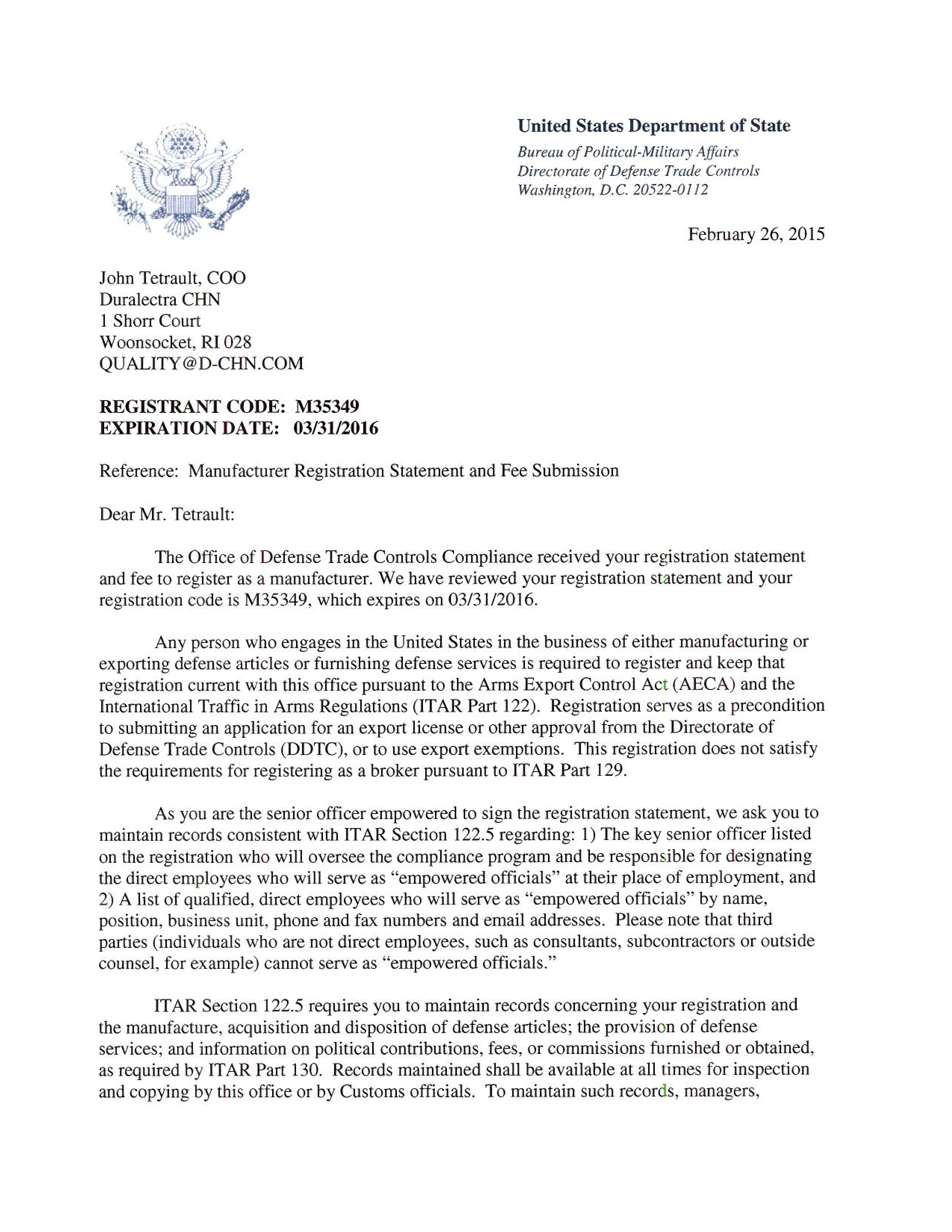 Metal Finishing Company, DCHN Receives ITAR Registration'