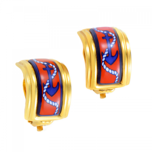 Gold Plated Nautical Enamel Clip On Earrings by Herm&amp;egr'