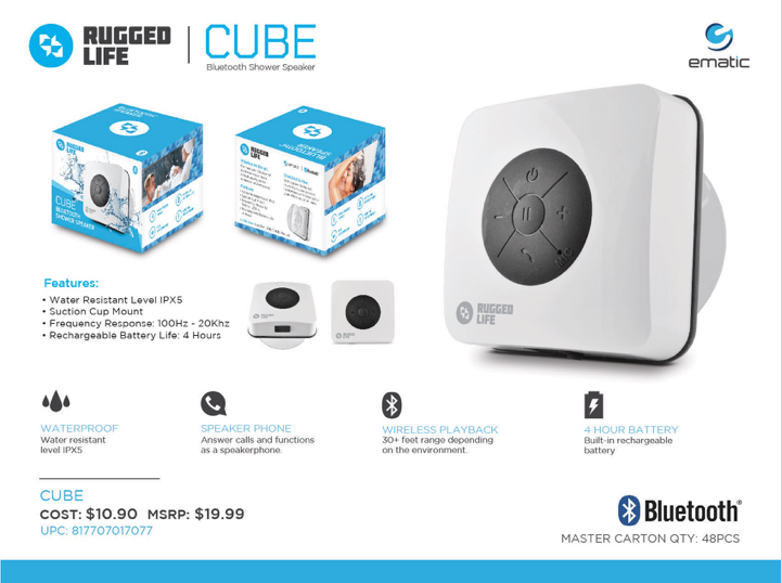 Ematic Rugged Life Cube Bluetooth Shower Speaker