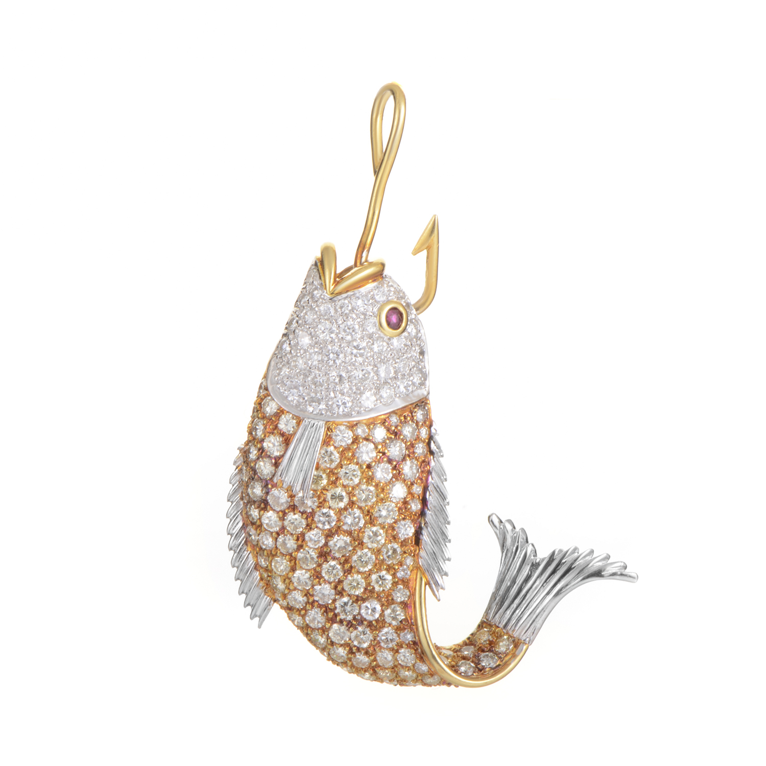 18K Multi-Tone Gold Gemstone Fish Pendant for $4,500'