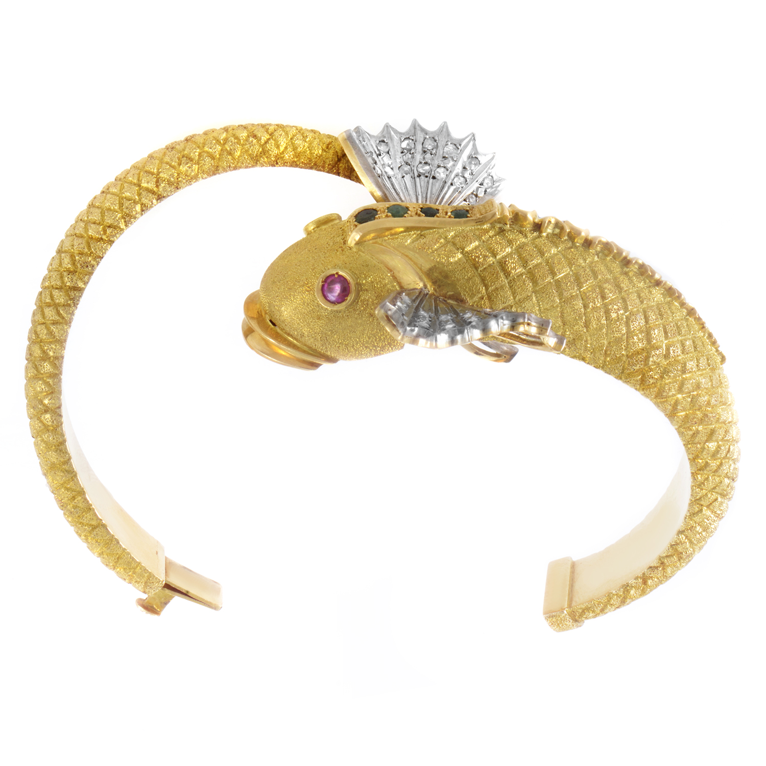 Multi-Tone Gold &amp;amp; Precious Gemstone Fish Bangle for'
