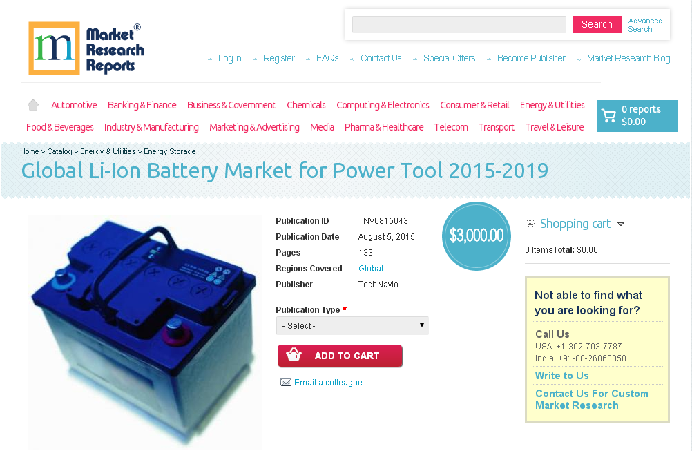 Global Li-Ion Battery Market for Power Tool 2015-2019'