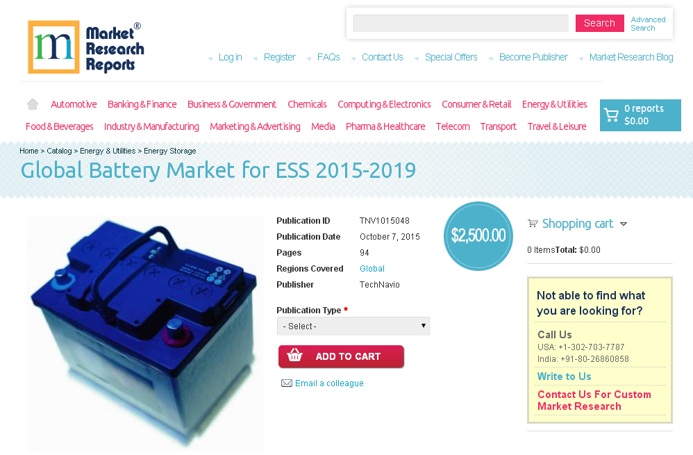 Global Battery Market for ESS 2015-2019